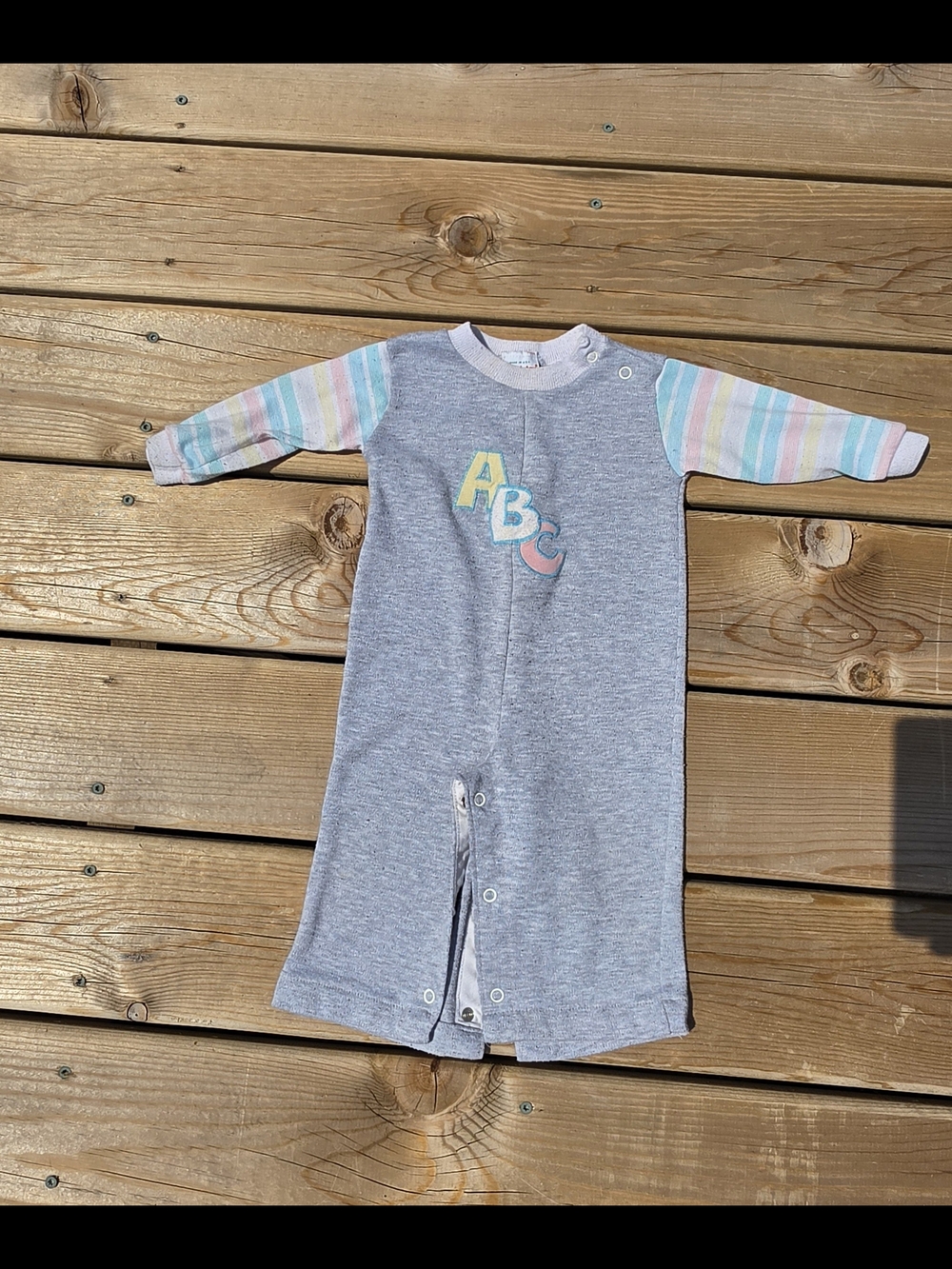 Vtg 70s Grey ABC girls Romper Onesie By HealthTex Size 18 Months Striped Sleeve